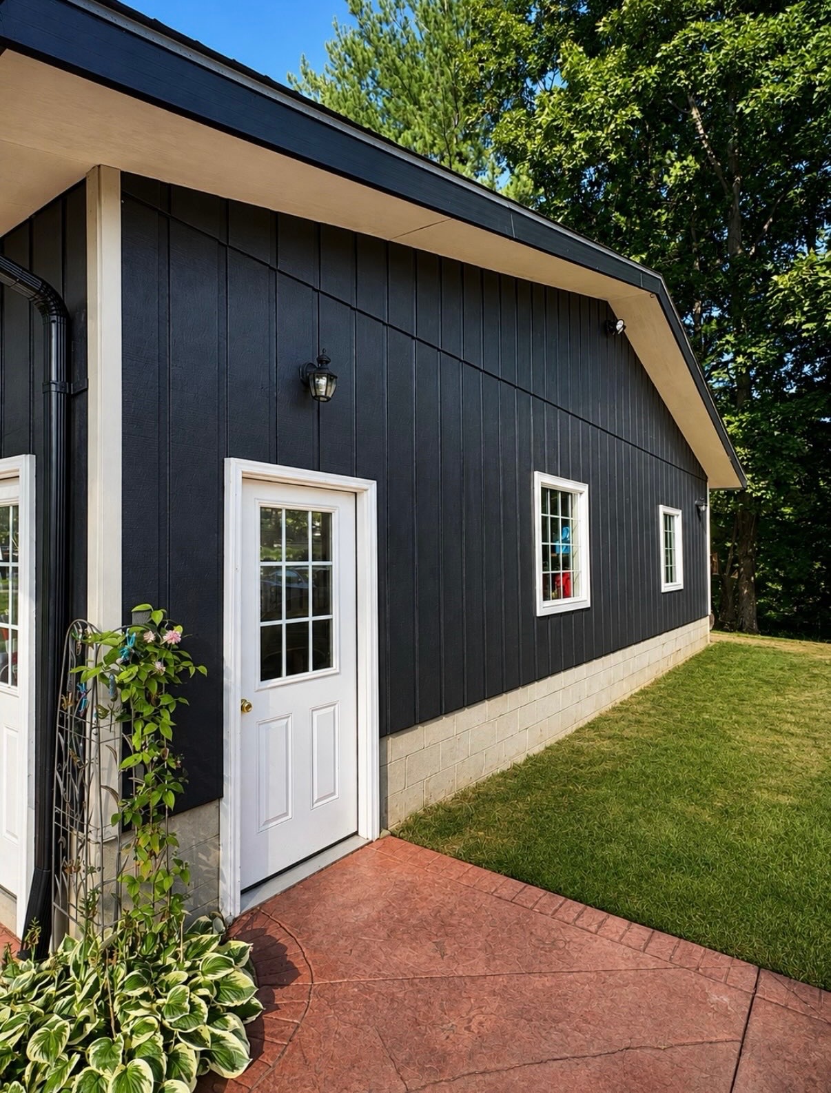 Deep black siding with crisp white doors, windows, soffit, and trim