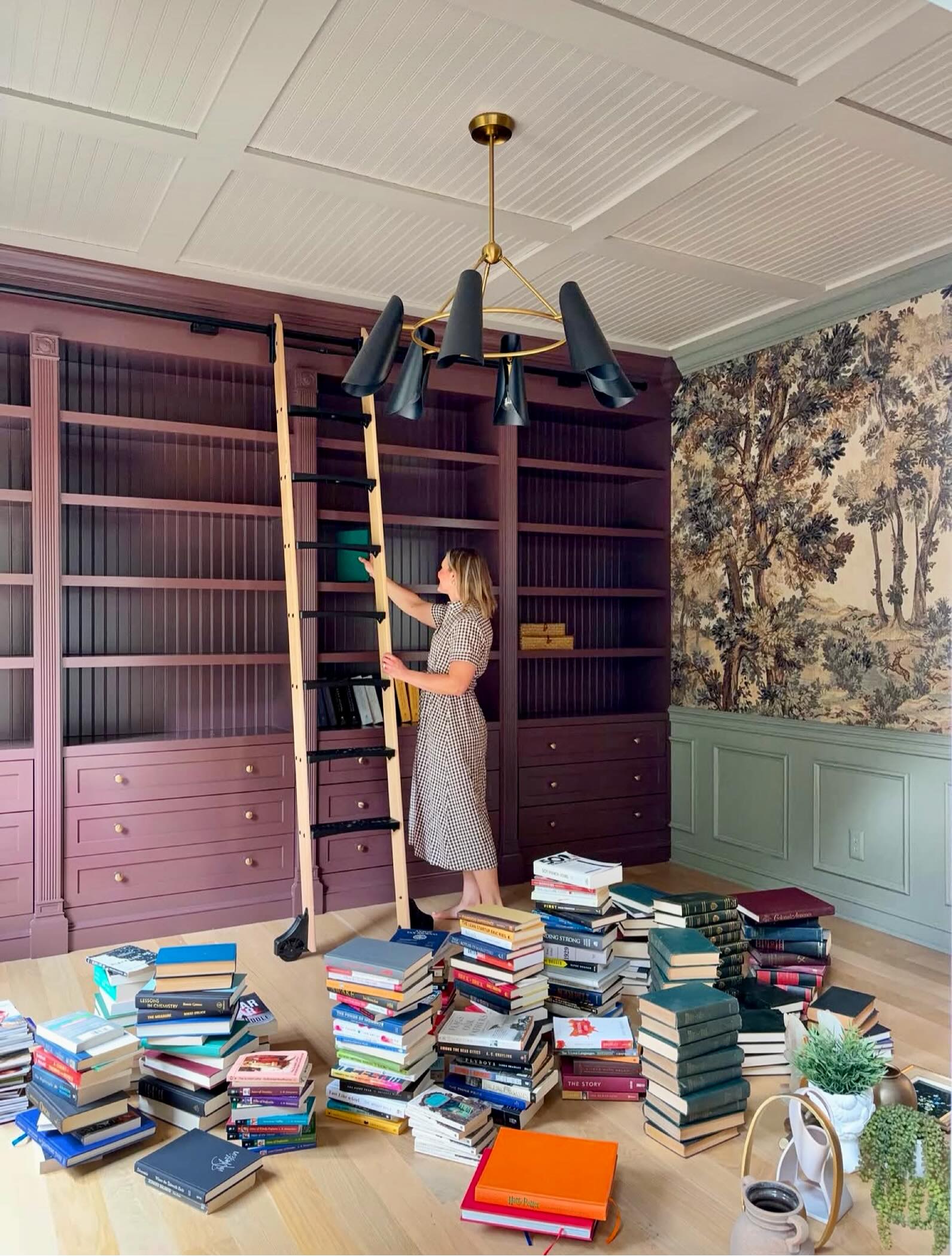 Custom home library built-ins painted Townsend Harbor Brown